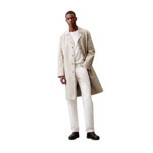 Calvin Klein Mens L Classic Trench Coat Abbey Stone Cotton Blend Lined Oversized